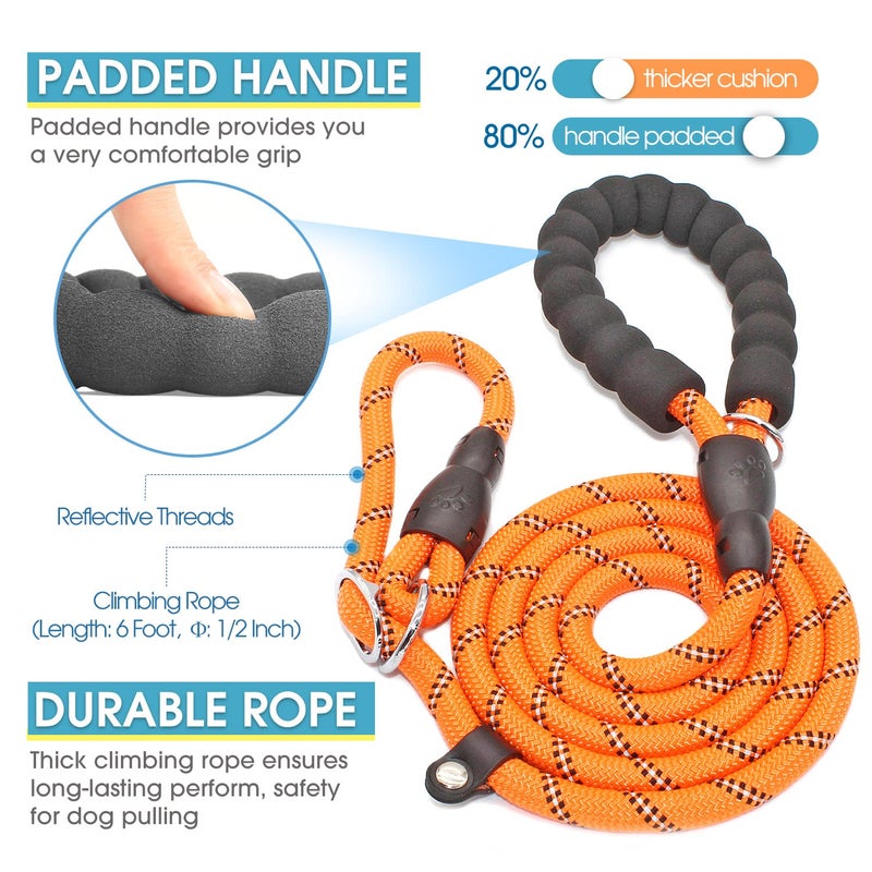 BAAPET 6 Feet Slip Lead Dog Leash Anti-Choking with Upgraded Durable Rope Cover and Comfortable Padded Handle for Large, Medium, Small Dogs Trainning with Poop Bags and Dispenser (Orange) - Image 2